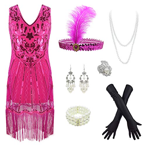 Girls 1920s Vintage Sequined Gatsby Fringed Flapper Dress Roaring 20s Party Dress (Hot Pink, X-Large)2