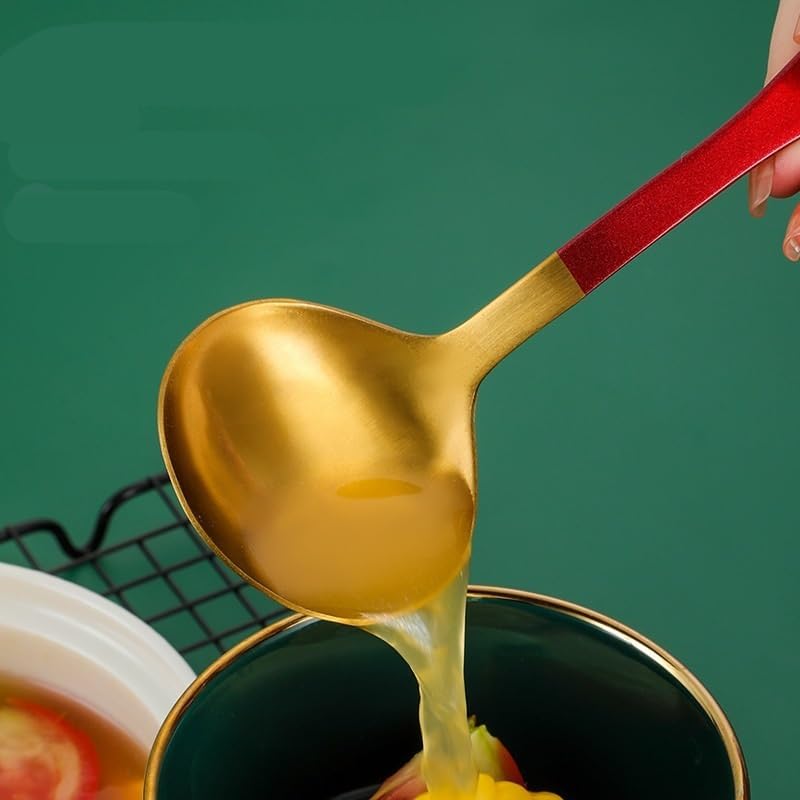 Silverware Flatware Set, 1/4/6/8/10/12 Pieces Stainless Steel Thickened Hollow Handle Soup Shell Household Soup Spoon Hot Pot Soup Spoon(Gold,6 Pieces)