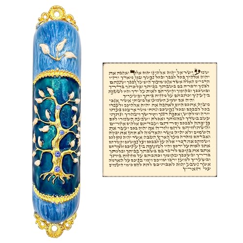 TALISMAN4U Enamel MEZUZAH CASE with Scroll Gold Plated Crystals Hand Painted Tree of Life Design Protection Door Mezuza from Israel Judaica Gift for Home (Blue)