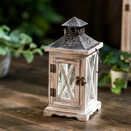Staymoment Wooden Farmhouse Decorative Candle Lanterns - Indoor Rustic Candle Holder for Fireplace Mantle Porch Table Centerpiece Yard, 11' Clear Glass Hanging Home Decor