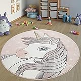 STANDARD 100 by OEKO-TEX Paco Home Teppich Kinderzimmer Rund Kinderteppich Mädchen Einhorn Motiv, Modern In Pink, Grösse:Ø 120 cm Rund