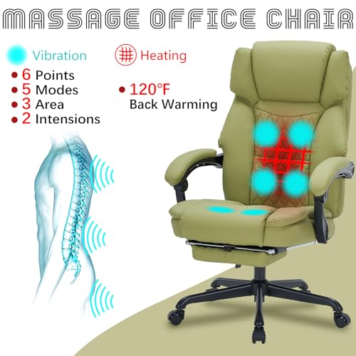 Image of Massage Office Chair with Foot Rest 6 Points Vibration and Heat Home Office Desk Chairs for Heavy People 400lbs Reclining Managerial Chairs Ergonomic Executive Chair (Green)