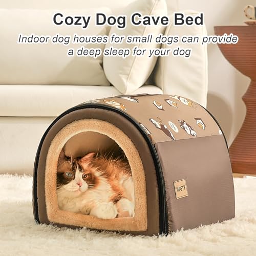 Jiupety Cozy Small Pet Dog House, 2 in 1 Puppy House, S Size for Cat and Puppy, Warm Cave Sleeping Nest for Cats and Dogs, S(14"×12"×11"), Up to 5 Lb, Brown - Image 6
