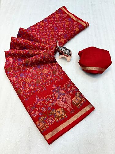 Image of Kalamkari Floral Prints Dola Silk Saree With Rich Zari Border Designer Pallu Attach Blouse Piece