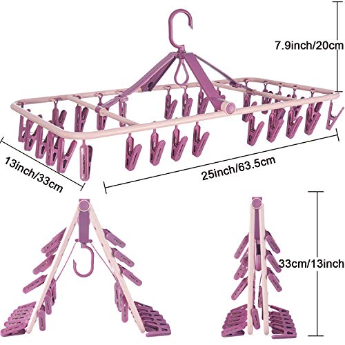 Foldable Clip Hangers with 32 Clothespin Drying Clips,Laundry Clip Drip Drying Hanger for Underwear Socks Bras Lingerie Clothes(Pink)