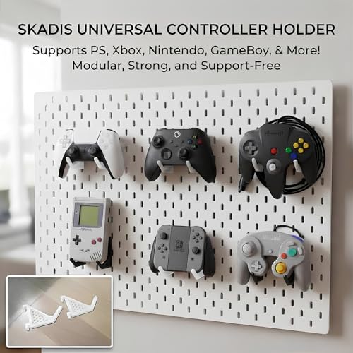 Image of Universal Skadis Pegboard Controller Holder - Modular Wall Mount & Display Stand for PS5, PS4, Xbox Series X /S, N64 & Gameboy - Gaming Setup Accessory (4 PCS) (White)