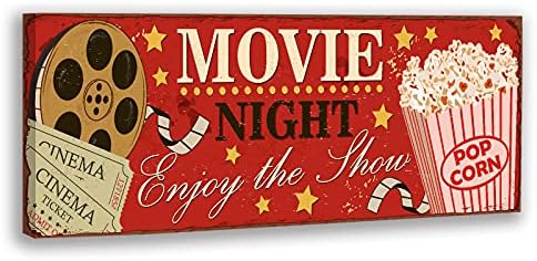 Movie Night Canvas Wall Art Cinema Sign Posters Film Reels Popcorn Poster Personalized Movie Theatre Sign Home Sign Decorations for Living Room Bedroom Vintage Movie Posters for Theater Room No Frame
