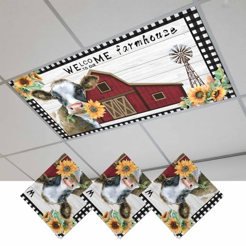 2x4 ft Fluorescent Light Cover for Ceiling Farm Sunflower Cow Magnetic Light Filters, Retro Wooden Barn Lattice Edge Ceiling Lampshades for Home School Office 3Pcs