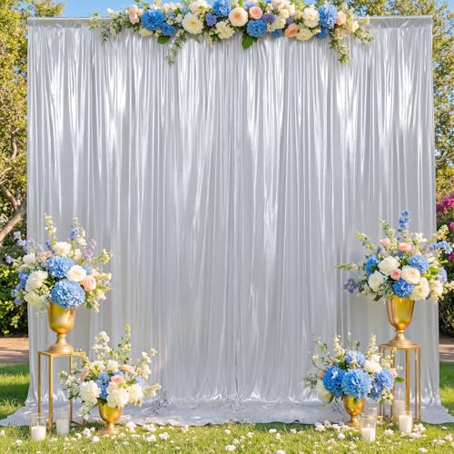 gogoparti Silver Backdrop Curtain 5x12FT 1 Panel Metallic Shine Fabric, No Shedding Wrinkle Free Glitter Drapes for Birthday Party, Event Background, Photography Decor
