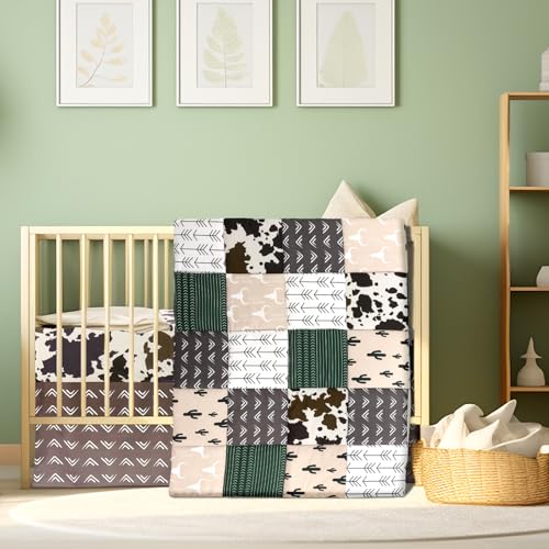 Image of Hahafelt 3 Piece Patchwork Western Crib Bedding Set for Boys Girls Cow Cactus Print Baby Bedding Barnyard Western Nursery Decor Soft Baby Bed Set Includes Quilt Fitted Crib Sheet Bed Skirt(Cowboys)