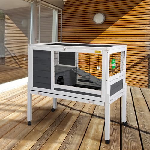 COZIVVOVV Wooden 35Inchs Indoor Outdoor Rabbit Hutch on Wheels, Small Animal Houses & Habitats, Large Bunny Cage with Removable Tray, Single Level Guinea Pig Hamster Cage - Thumbnail 4
