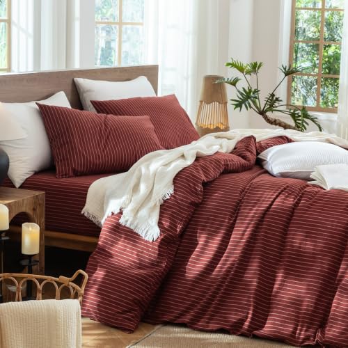 Image of MooMee Striped Duvet Cover Set 100% Washed Cotton Linen Like Queen | Relaxed Linen-like Texture. Soft, Breathable & Long-lasting Comfort. Lightweight. Hidden Zipper with 8 Interior Corner Ties