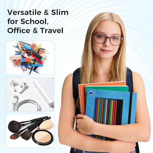 Image of Pencil Pouch for 3 Ring Binder - 3 Hole Zipper Pen Case Bag Holder Bulk Accessories Clear Window Aesthetic Organizer Pockets (Azure)