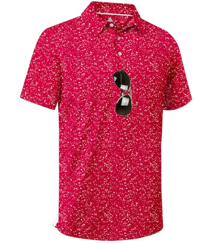 ZITY Mens Golf Shirt Short Sleeve Moisture Wicking Performance Daily Casual Print Patterns Collared Golf Polo Shirts for Men Deep Red Large