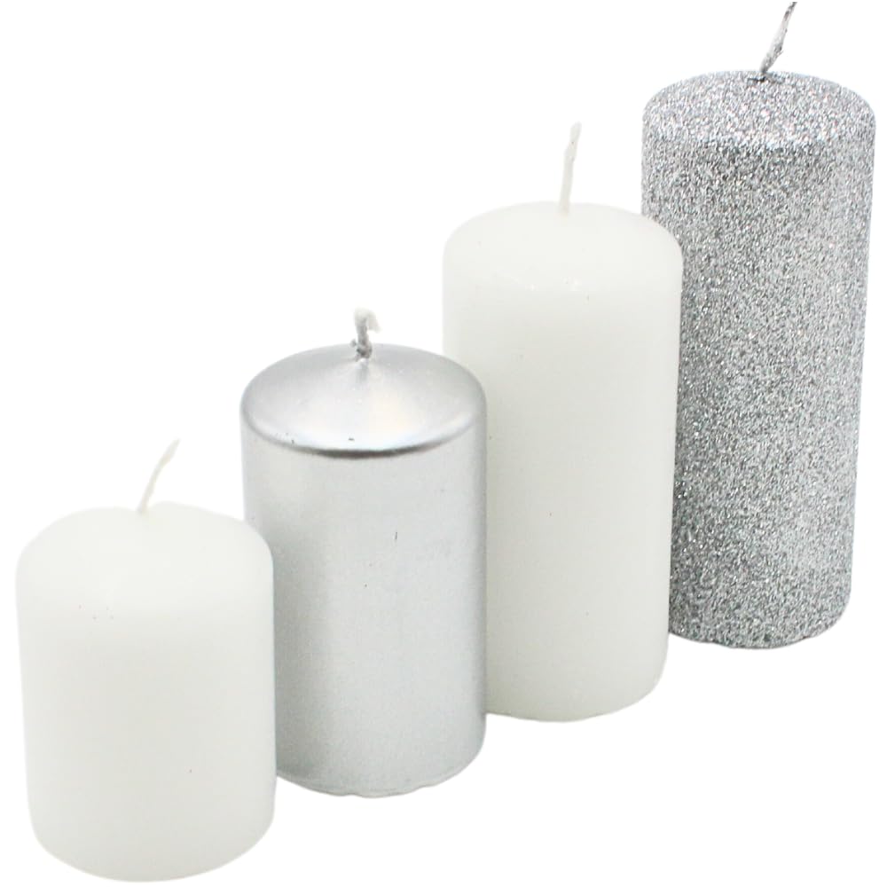 Dekohelden24 Candele a pilastro, candele dell'Avvento, candele a corona dell'Avvento, in argento e bianco, 4 misure – H 5 – 10 cm, Ø 4 cm, 280 g