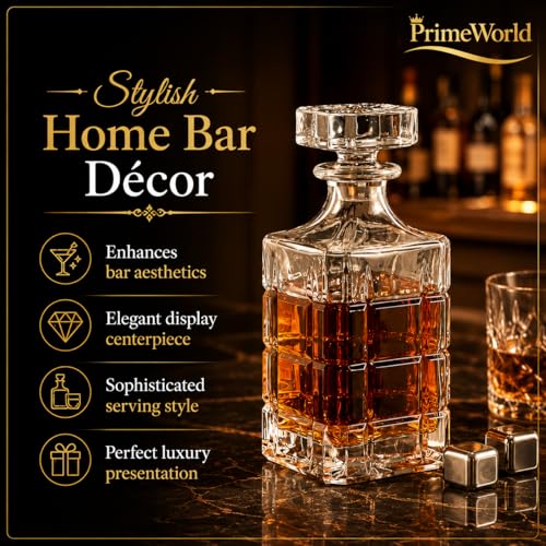 Image of PrimeWorld Glass Liquor Decanter (750 ml) with Airtight Stopper | Premium Spirits Decanter for Whiskey, Vodka & Bourbon | Elegant Decanter Bottle for Home Bar, Party Decor & Gifting