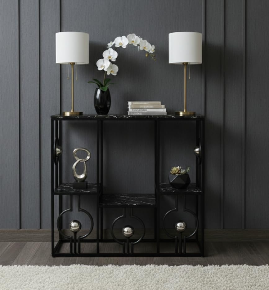 Image of Console Table with Storage, Modern Engineered Wood, Gold Metal Frame with Decorative Spheres, 30x30x7.5 Inch (Black Black)