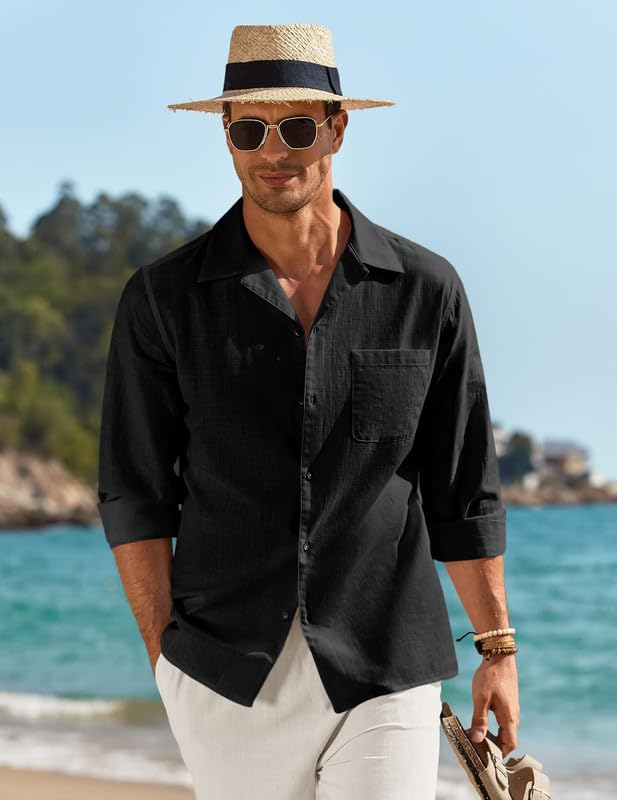 Image of Combo of Men's Casual Cotton Blend Shirt || Long Sleeve Button Down with Spread Collar | Lightweight Breathable Fabric | Stylish Solid Shirt for Beach, Office & Everyday Wear Pack of 2