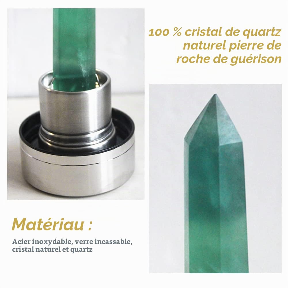 Tyuodna Bouteille d'eau en cristal de quartz naturel amovible Bouteille d'eau en verre de quartz naturel Bouteille d'eau de guérison en quartz naturel Portable Antifuite 550 ml (fluorite