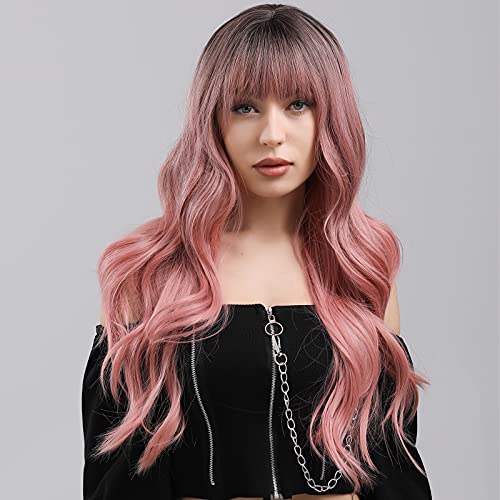 ZURO Ombre Hot Pink Long Wavy Wig With Bangs Cosplay Wigs for Women Daily Use Natural Looking Black Color Heat Resistant