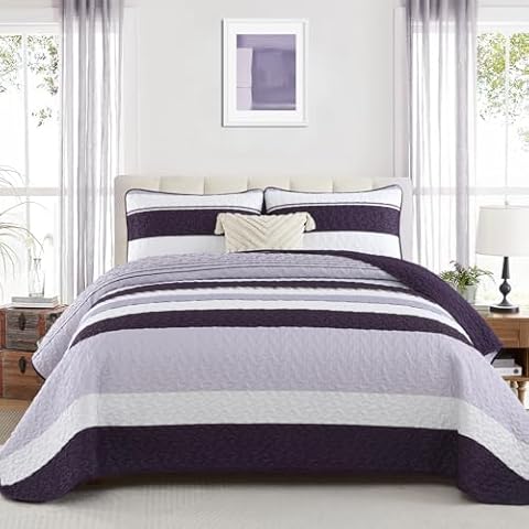 Dinjoy Purple Striped King Size Quilt Set Cover