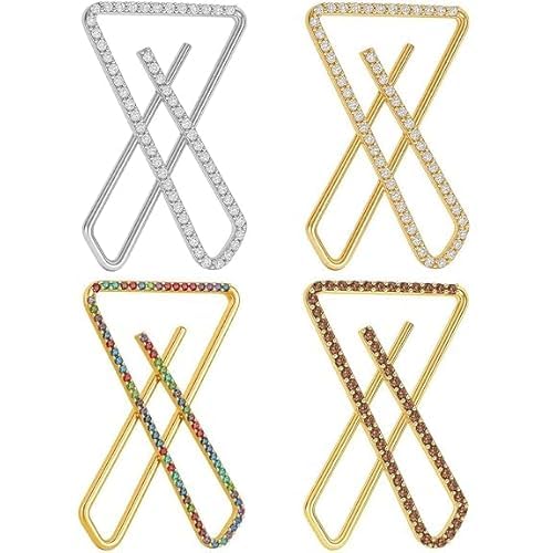 4 Pcs Multicolour Stone Anti X Shape Criss Cross Sparkling Saree Pin Brooch Draping Holding Heavy Pleats Pallu dresses Hijab Dupatta Scrafs Clip Combo set for Women & Girls - Random Model-image-5