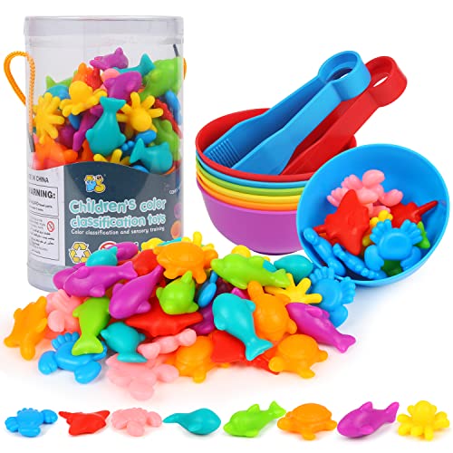LOKIPA Juego de juguetes de aprendizaje educativos para niños pequeños con copas de clasificación de color, clasificación y pinzas, diseño de arco iris con diseño de animales de Qcean, regalo para