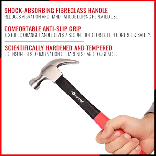 Image of Spartan Heavy Duty Claw Hammer with Forged Steel Head & Fibreglass Anti-Slip Handle | Flat Face & Nail Puller for Carpentry, Home Repair, Furniture Assembly & DIY Use