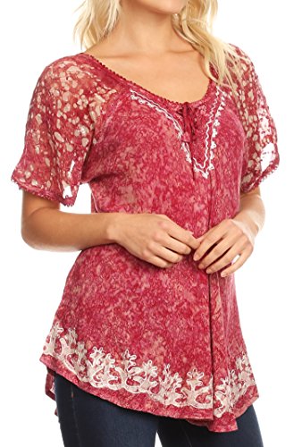 Image of Sakkas Ash Speckled Tiedye Embroidered Cap Sleeve Blouse Top with Embroidery Hems