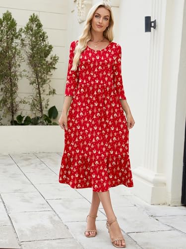 Image of Heymoments Women Dresses Tree Trunk Small Crewneck 3 /4 Sleeves Wedding Guest A line Casual Flowy Swing Party Vintage Spring Fall Winter Beach Travel 2026 Long Midi Dress with Pockets