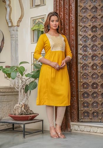 Image of Juniper Mustard Viscose Embroidered Kurta with Thread Work and Sequins