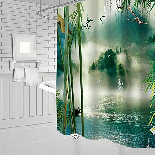 Cortinas de ducha de estilo chino para montaña, agua, bosque, cisnes, naturaleza, decoración escénica, baño, cortina de tela hermética, 200 x 200 cm Cover