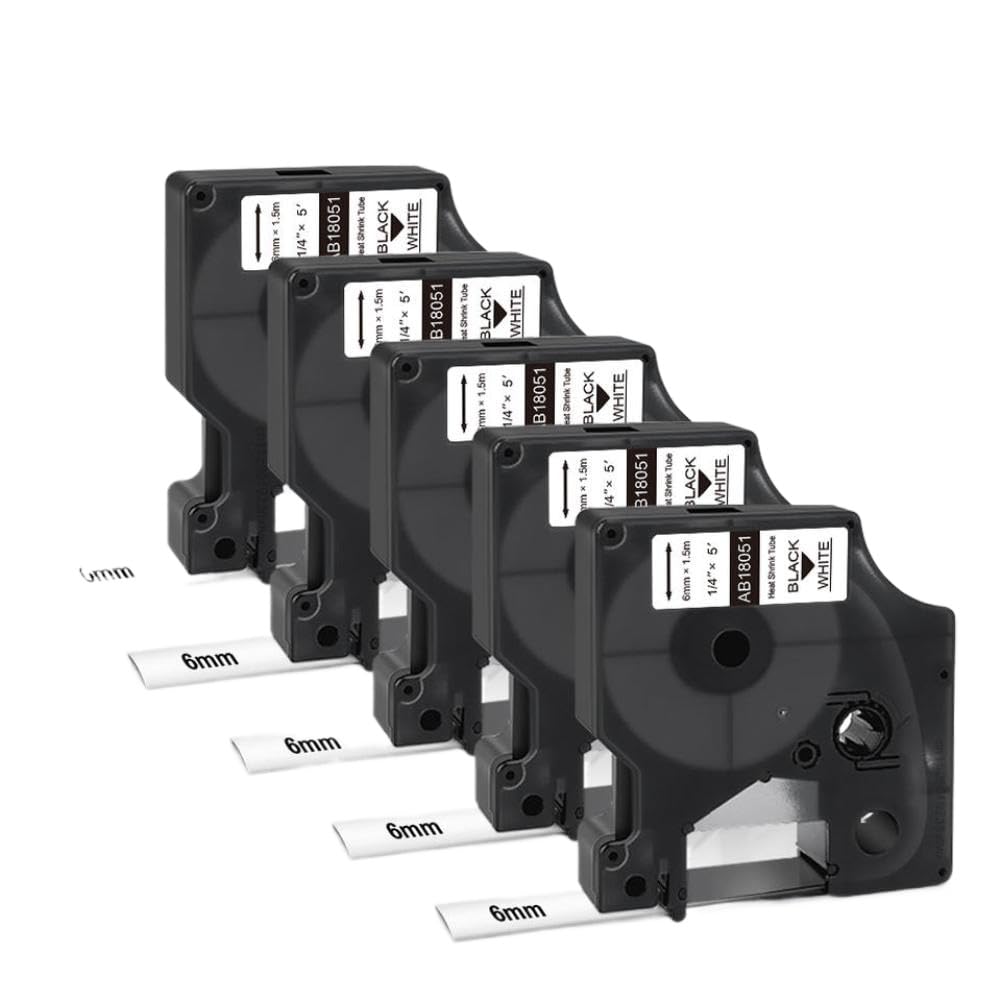 5 pezzi 18051 nastro termoretraibile per etichette tubo 6mm nero su bianco compatibile con etichettatrice 1000 3000 4200 5000 5200 6000