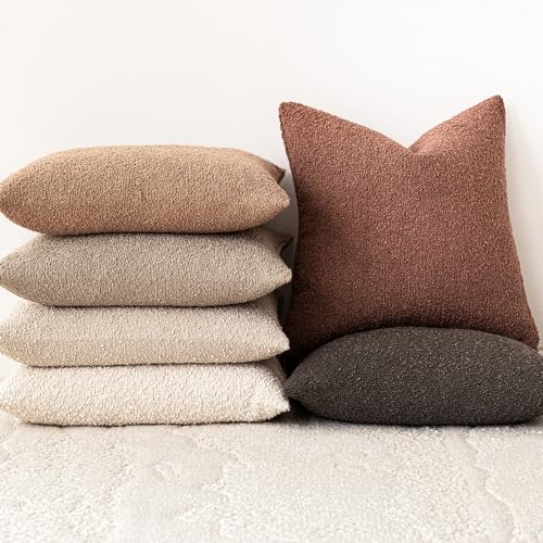 Image of Foindtower Set of 2, Decorative Textured Boucle Throw Pillow Covers Accent Solid Pillow Cases Neutral Cozy Couch Cushion Case for Chair Sofa Bedroom Living Room Home Decor 24x24 Inch Orange Rust Red