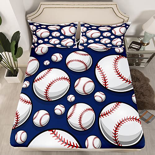 Baseball Bedding Set Sports Theme Fitted Sheet For Kids Boys Girls Teens 3D Blue Ball Pattern Bed Sheet Set Breathable Baseball Games Bed Cover Room Decor Queen Size #TOP2