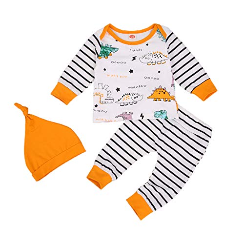 Baby Boy Girl 2 Piece Set Cartoon Dinosaur Print Long Sleeve Tops Stripe Long Pants Cute Animal Newborn Outfit (White Yellow, 3-6 Months)