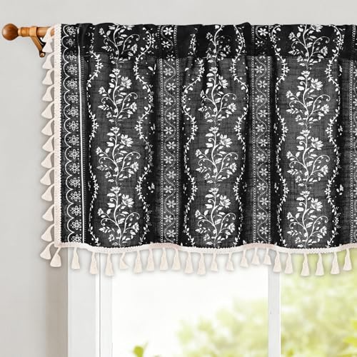 Image of Yinhua Boho Valance Curtains Vintage Linen Kitchen Valances for Windows Light Filtering Bohemian Floral Valance Rod Pocket Tassel Window Valances for Bathroom Cafe, 52 inch W X 18 inch L, Black
