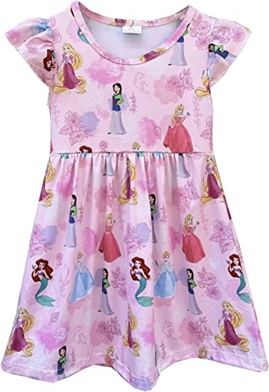 Baby Girls Princess Dress Cartoon Princess Print Dress Girls Toddlers Casual Boutique Pearl Dress Pink