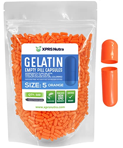 Image of XPRS Nutra Size 5 Empty Capsules - 500 Count Very Small Empty Gelatin Capsules - Pills DIY Capsule Filling - Fillable Pill Gel Caps for Do-It-Yourself Vitamin Supplements (Orange)