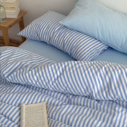Image of PinkMemory Blue White Striped Duvet Cover Queen 100% Washed Cotton Stripes Patterned Duvet Cover Set Full 3pcs Retro Striped Bedding Set with Zipper Closure Corner Ties,Soft Breathable