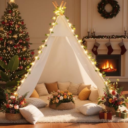 XXL Large Teepee Tent for Adults & Kids, Update Waterproof Cotton Playhouse with LED Vine Lights, Heavy-Duty Eucalyptus Wood Poles, Ideal for Beach, Garden, Party & Backyard Decor