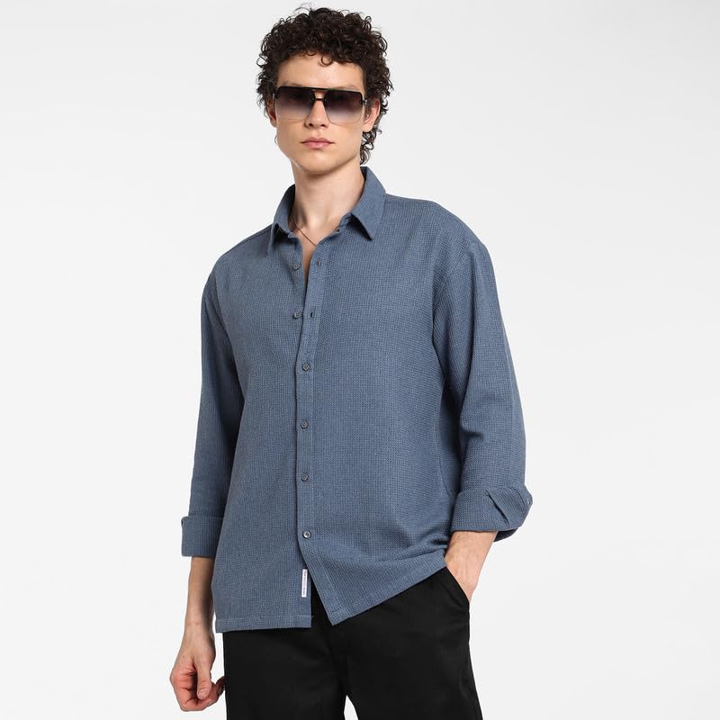 Image of CAHOOT Men's Polycotton Abstract-Textu Shirt |Casual-Wear | Spread Collar | Long Sleeve | Button Closure | Shirt Crafted with Comfort Fit for Everyday Wear