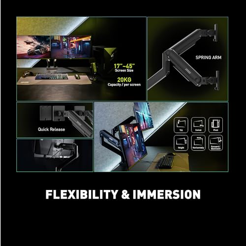 Image of MSI MAG MT201D - Premium Heavy Duty Dual Monitor Stand Arms, 17-45 inch Support, VESA Compatible, Adjustable Spring Mount, 44 lbs per Screen, Clamp & Grommet, Quick Release Plate - Black