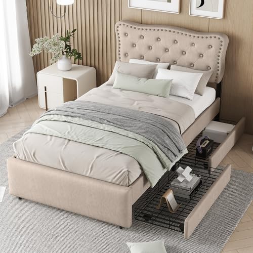 TIZZ Cama plana, cama acolchada, tapicería de mesita de noche con remaches decorativos, cajones dobles, 90 x 200 cm (beige oscuro)