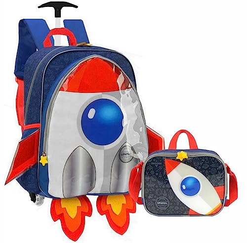 Kit Mochila Escolar Rodinhas Menino Infantil Foguete 3D Lancheira Térmica Impermeável Luxcel