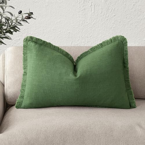 Image of Foindtower Decorative Linen Fringe Lumbar Throw Pillow Covers Cozy Boho Farmhouse Cushion Cover with Tassel Soft Accent Pillowcase for Sofa Bed Living Room Home Decor, 12x20 Inch,1PC,Forest Green