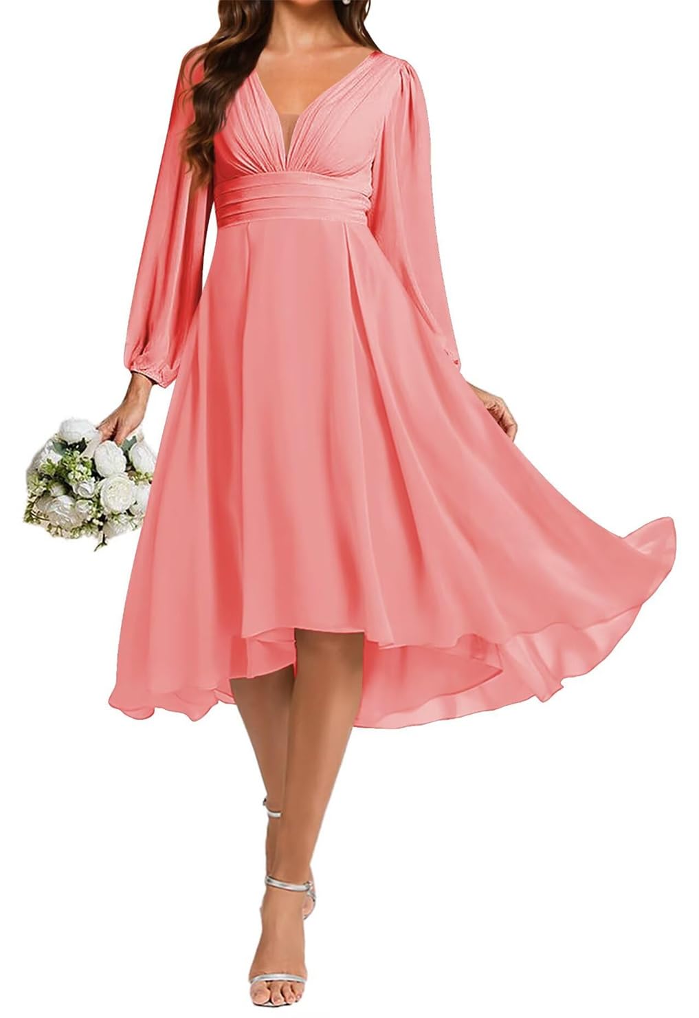 HPPEE Coral Bridesmaid Dresses with Sleeves for Women Tea Length Wedding Guest Dress A Line Chiffon Formal Gown UK6