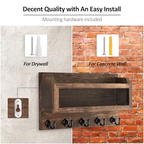 Nekon Mail and Key Holder for Wall Decorative, 11 Inch Wooden Wall Key Organizer with 5 Key Hooks, Wall Mount Storage Shelf for Entryway Hallway (Brown) - Image 7