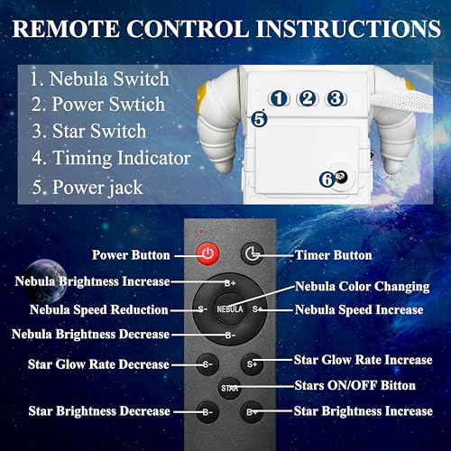 Image of VGRASSP 360 Rotating Astronaut Galaxy Projector Night Lamp with Nebula Stars, Remote Control, Timer, Colorful LED Sky Light for Bedroom, Gaming Room, Party - Multicolor