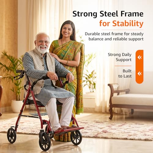 Image of Amazon Basics Adjustable Rollator Walker | Foldable Walking Aid with Seat & Backrest | Height-Adjustable Steel Frame with Large Wheels | Indoor & Outdoor Use